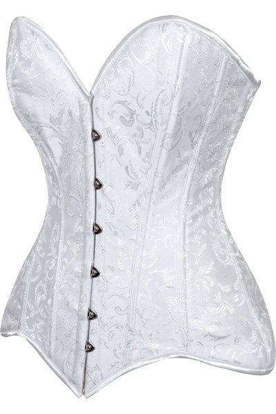 Lavish White Brocade Overbust Corset W/Busk Closure