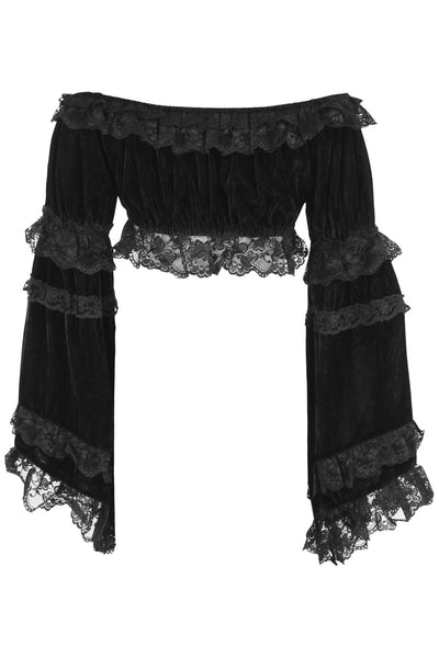 Black Velvet Smocked Flare Sleeve Peasant Top