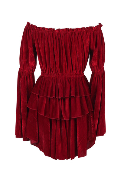 Dark Red Velvet Ruffle Dress