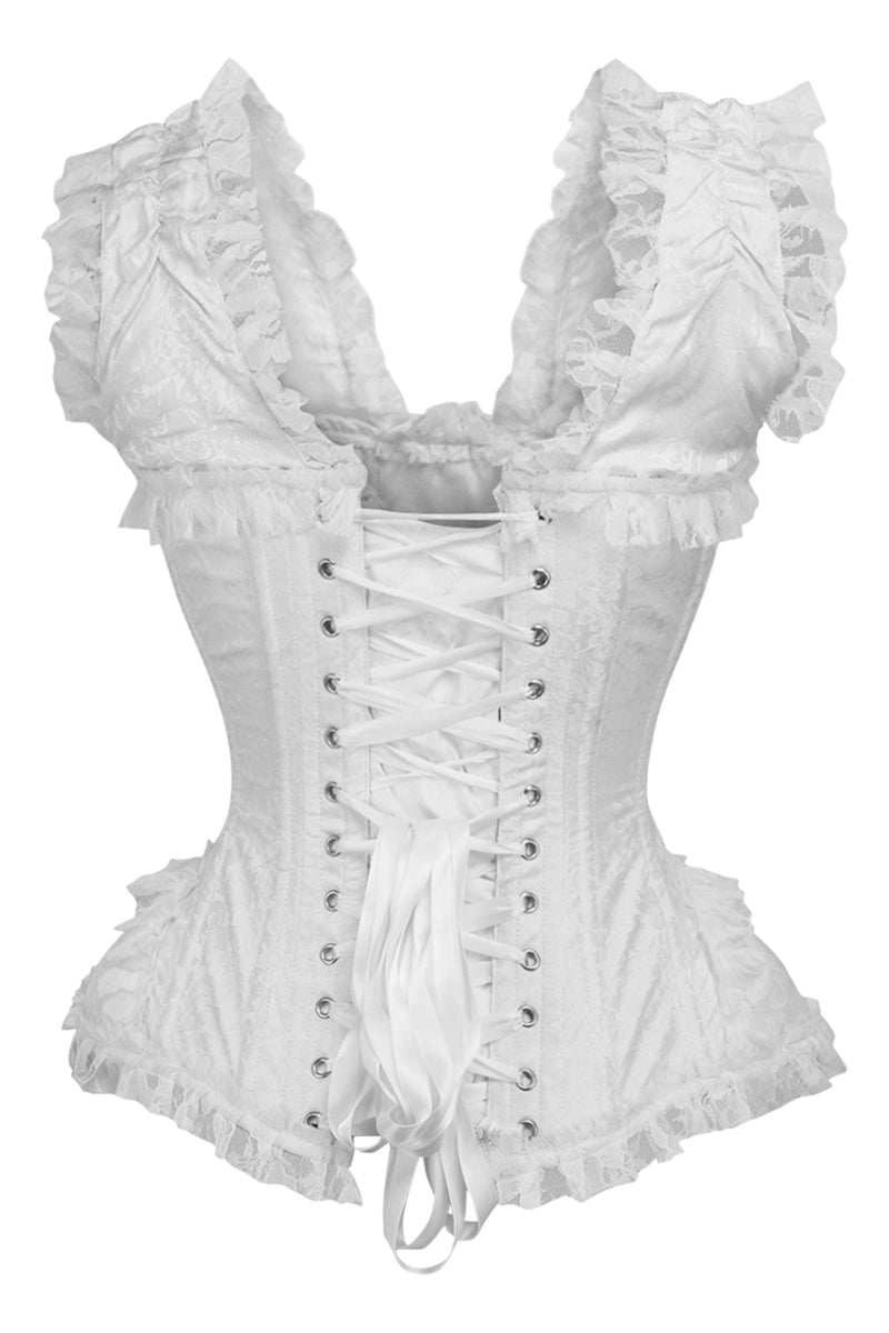 Top Drawer White w/White Lace Steel Boned Long Sleeve Corset