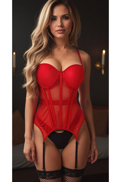 Lavish Red Mesh Underwire Bustier Corset w/Garters