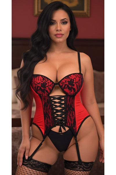 Lavish Red/Black Lycra & Lace Hook & Eye Lace-Up Bustier Corset w/Garters