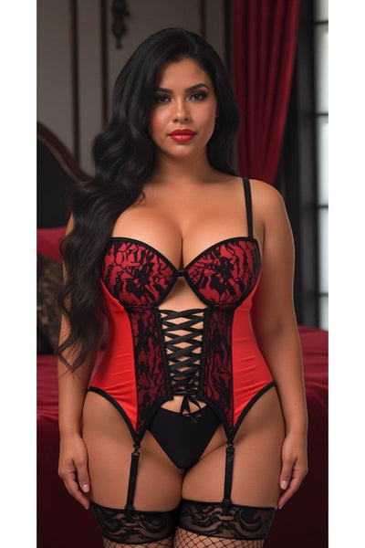 Lavish Red/Black Lycra & Lace Hook & Eye Lace-Up Bustier Corset w/Garters