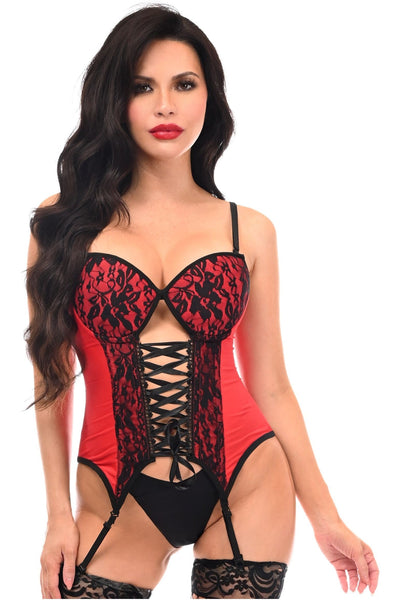 Lavish Red/Black Lycra & Lace Hook & Eye Lace-Up Bustier Corset w/Garters