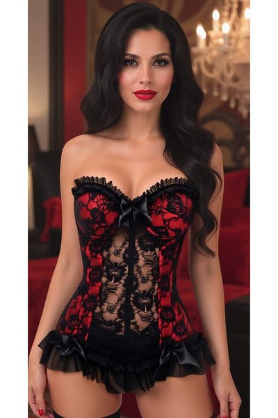 Lavish Red w/Black Lace & Lycra Hook & Eye Stretch Bustier Corset