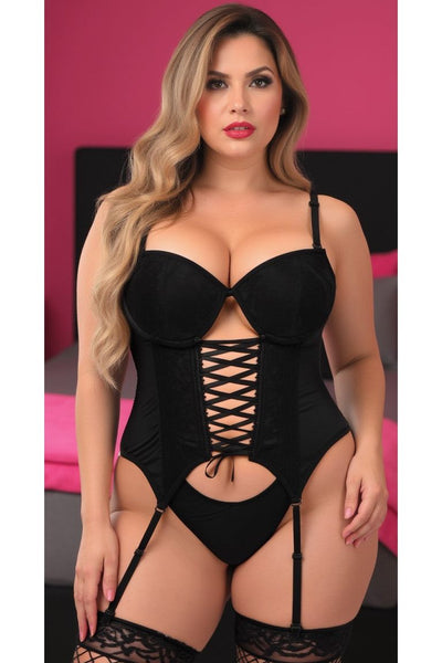 Lavish Black Lycra & Lace Hook & Eye Lace-Up Bustier Corset w/Garters