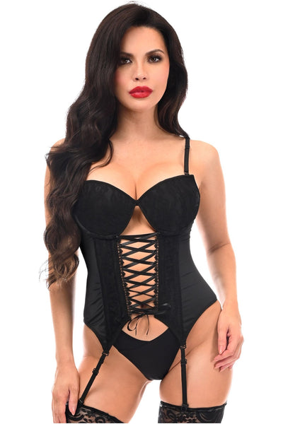 Lavish Black Lycra & Lace Hook & Eye Lace-Up Bustier Corset w/Garters