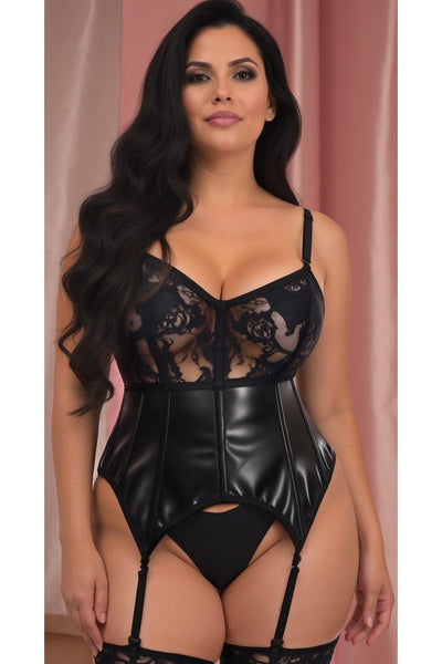 Lavish Black Wet Look & Lace Bustier Corset w/Garters