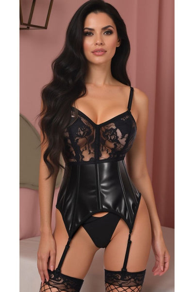 Lavish Black Wet Look & Lace Bustier Corset w/Garters