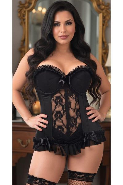 Lavish Black Lycra & Lace Hook & Eye Stretch Bustier Corset