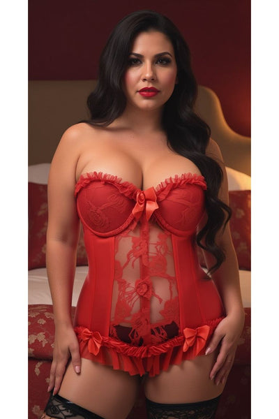 Lavish Red Lycra & Lace Hook & Eye Stretch Bustier Corset