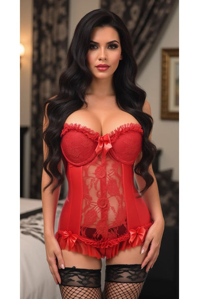 Lavish Red Lycra & Lace Hook & Eye Stretch Bustier Corset
