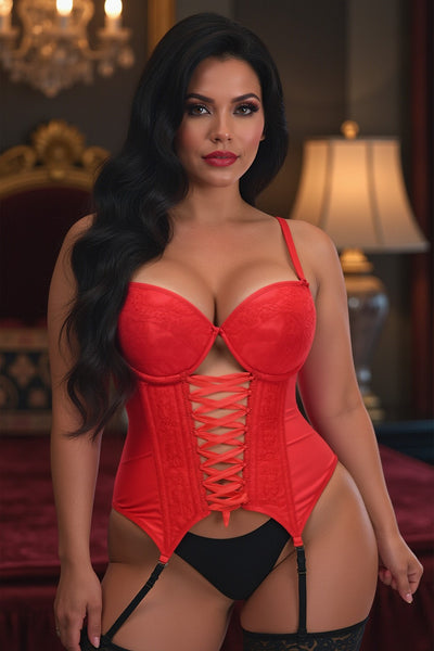 Lavish Red Lycra & Lace Hook & Eye Lace-Up Bustier Corset w/Garters