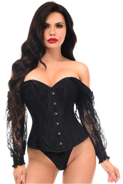 Top Drawer Black w/Black Lace Steel Boned Long Sleeve Corset