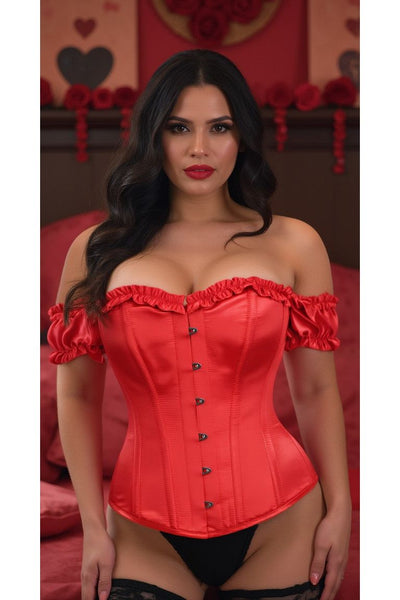 Top Drawer Steel Boned Red Satin Overbust Corset w/Sleeves