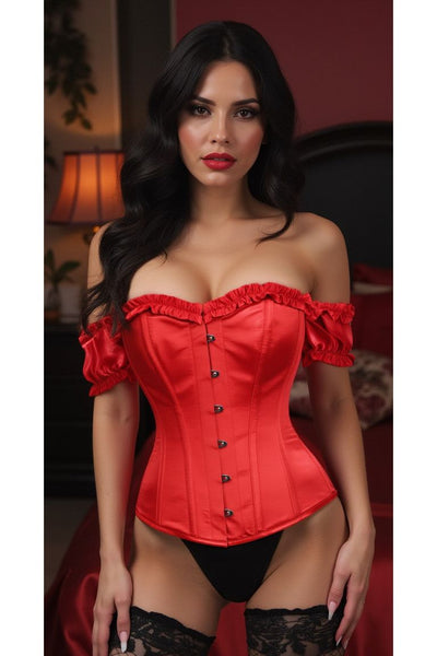 Top Drawer Steel Boned Red Satin Overbust Corset w/Sleeves