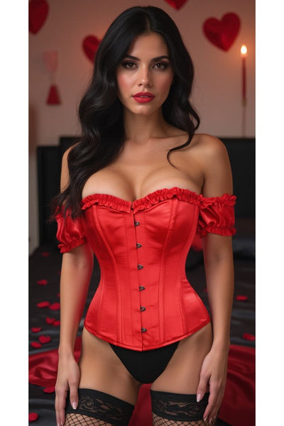 Top Drawer Steel Boned Red Satin Overbust Corset w/Sleeves