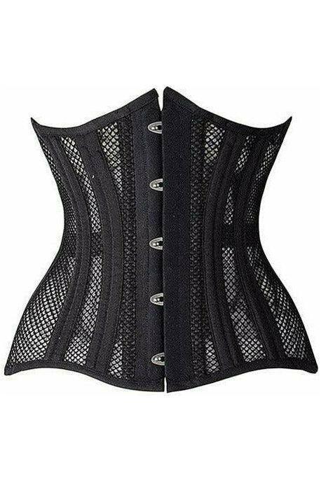cinching fish net Top Drawer Black Fishnet Double Steel Boned Curvy Cut Waist Cincher Corset Small