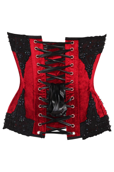 Top Drawer Dark Red Velvet & Beaded Steel Boned Overbust Corset