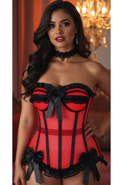 Top Drawer Steel Boned Red/Black Mesh Underwire Bustier Corset