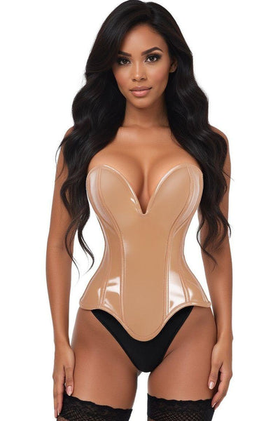 Top Drawer Steel Boned Caramel Patent Plunge Neckline Overbust Corset
