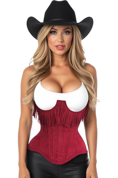 Top Drawer Steel Boned Red Suede Underwire Underbust Corset Cincher w/Fringe