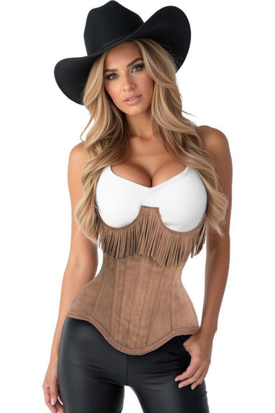Top Drawer Steel Boned Tan Suede Underwire Underbust Corset Cincher w/Fringe