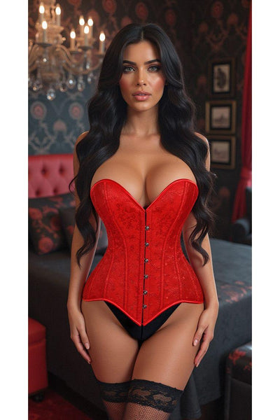 Lavish Red Brocade Overbust Corset W/Busk Closure - Daisy Corsets