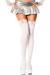 White Lace-Up Top Opaque Thigh High Stockings