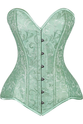 Lavish Mint Green Brocade Overbust Corset W/Busk Closure