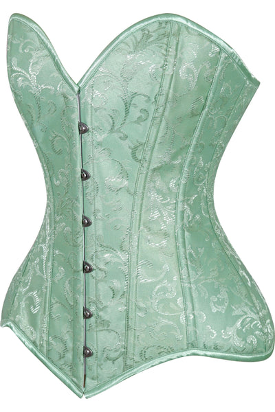 Lavish Mint Green Brocade Overbust Corset W/Busk Closure
