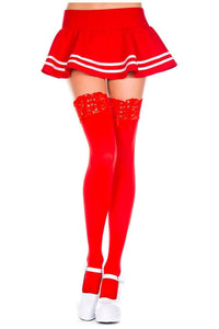 Red Lace-Up Top Opaque Thigh High Stockings