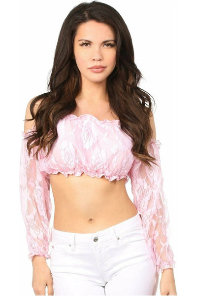 Baby Pink Lined Lace Long Sleeve Peasant Top - Daisy Corsets