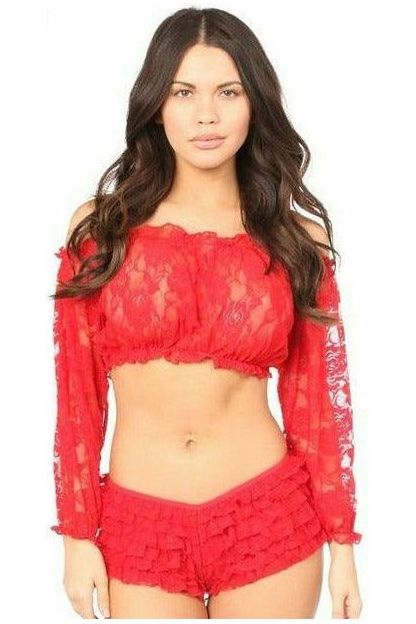 Red Sheer Lace Long Sleeve Peasant Top - Daisy Corsets