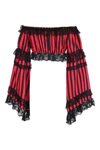 Black/Red Striped Smocked Flare Sleeve Peasant Top
