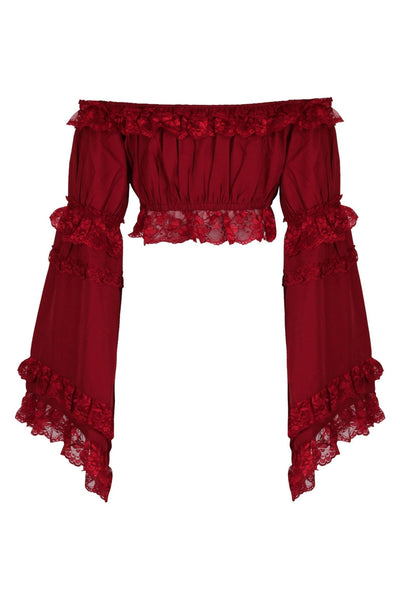 Dark Red Smocked Flare Sleeve Peasant Top