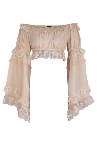Beige Smocked Flare Sleeve Peasant Top