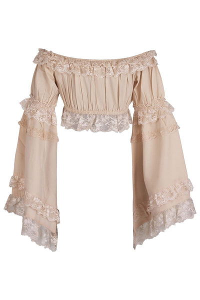 Beige Smocked Flare Sleeve Peasant Top