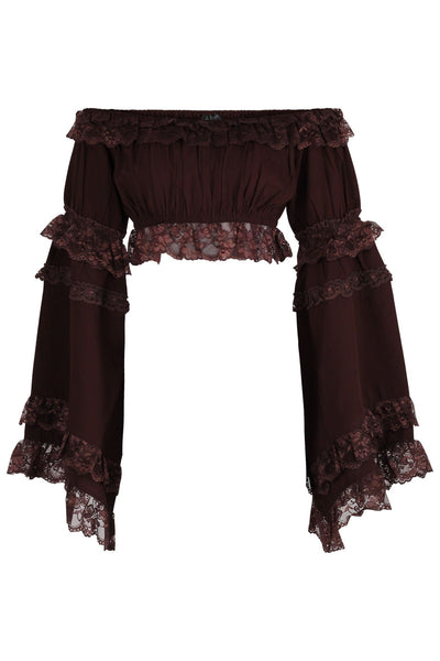 Brown Smocked Flare Sleeve Peasant Top