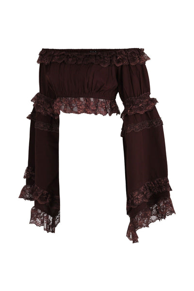 Brown Smocked Flare Sleeve Peasant Top
