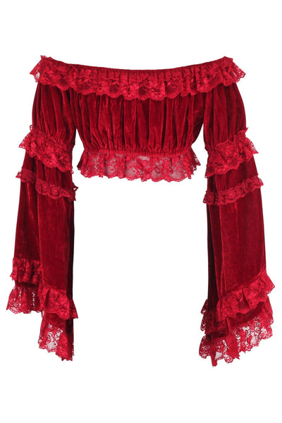 Dark Red Velvet Smocked Flare Sleeve Peasant Top