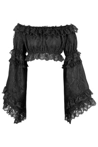 Black Lace Smocked Flare Sleeve Peasant Top
