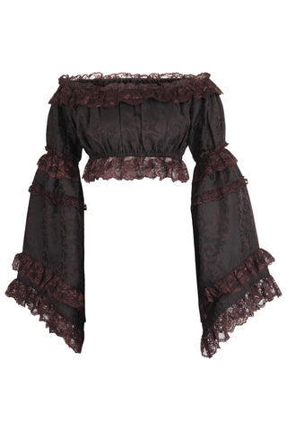 Brown Brocade Smocked Flare Sleeve Peasant Top