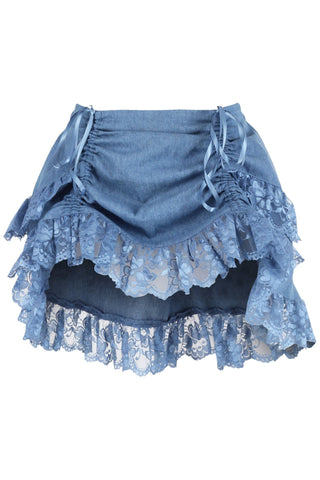 Blue Denim Ruched Bustle Skirt w/Lace