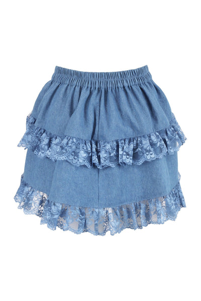 Blue Denim Ruched Bustle Skirt w/Lace