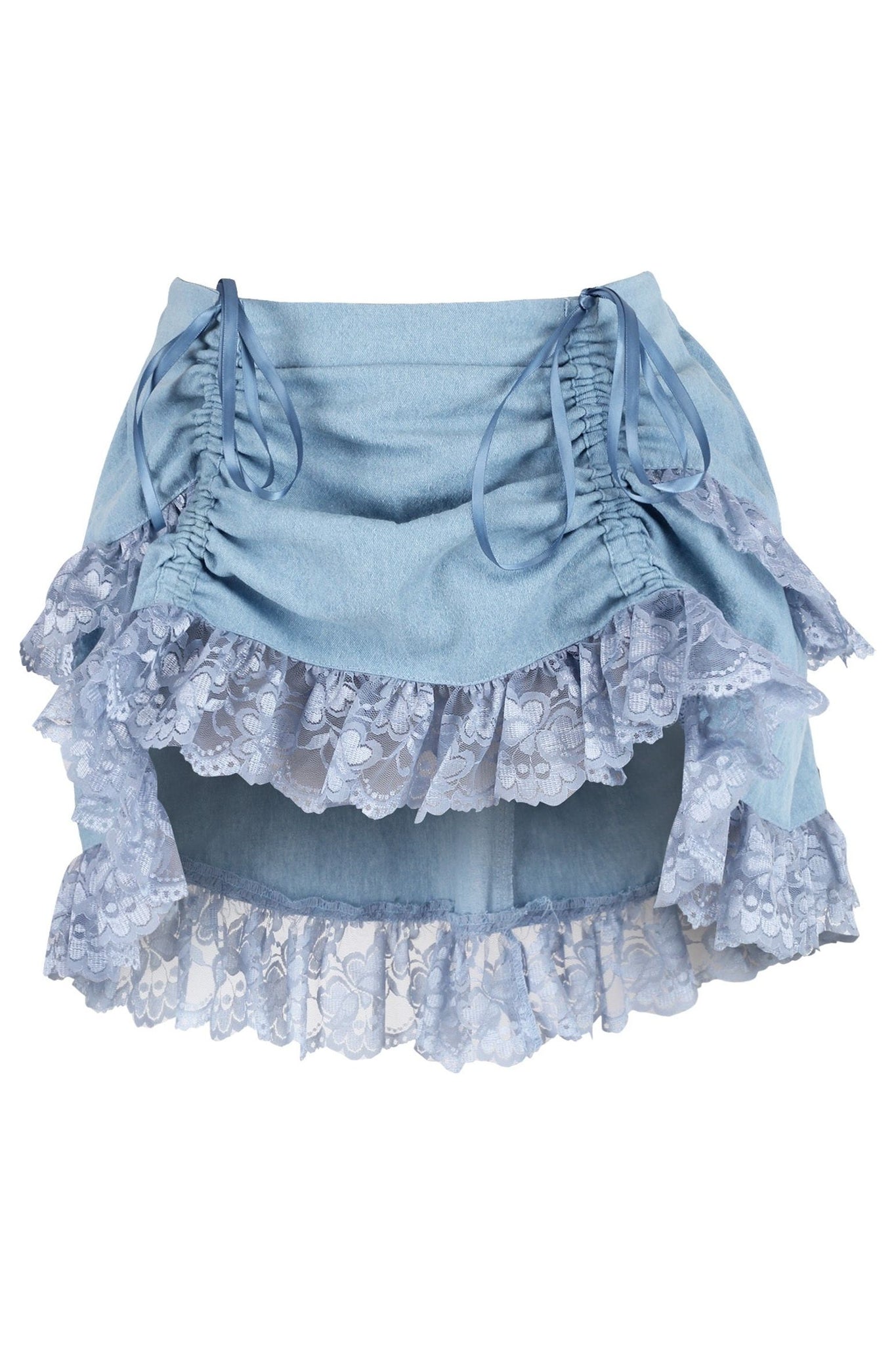 Light Blue Denim Ruched Bustle Skirt w/Lace