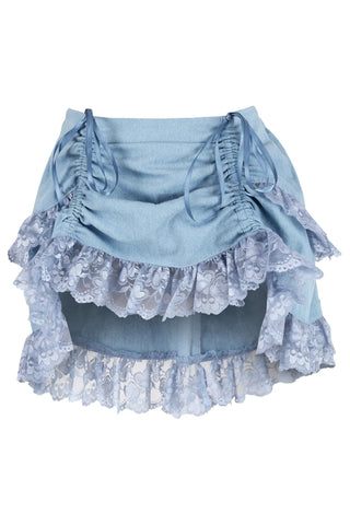 Light Blue Denim Ruched Bustle Skirt w/Lace