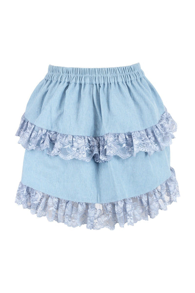 Light Blue Denim Ruched Bustle Skirt w/Lace