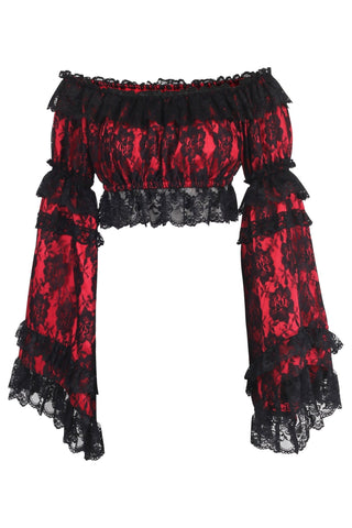 Red/Black Lace Smocked Flare Sleeve Peasant Top