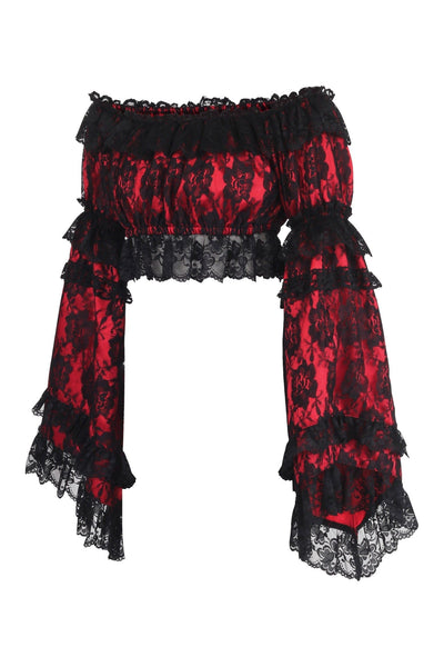 Red/Black Lace Smocked Flare Sleeve Peasant Top